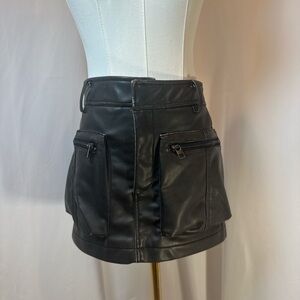 Washed Black Faux Leather Mini Skirt with Pockets